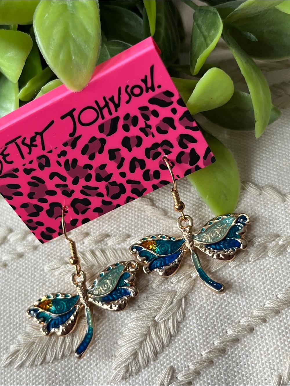 Betsey Johnson Teal, Blue & Gold Dragonfly Dangle Earrings